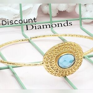 Oval Blue Apatite Quartz Bangle Bracelet 14K Yellow Gold on 925 Silver